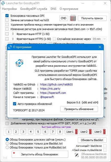 Пользовательсткй интерфейс GoodbyeDPI 0.2.3rc3 Launcher 9.6 [Ru En]