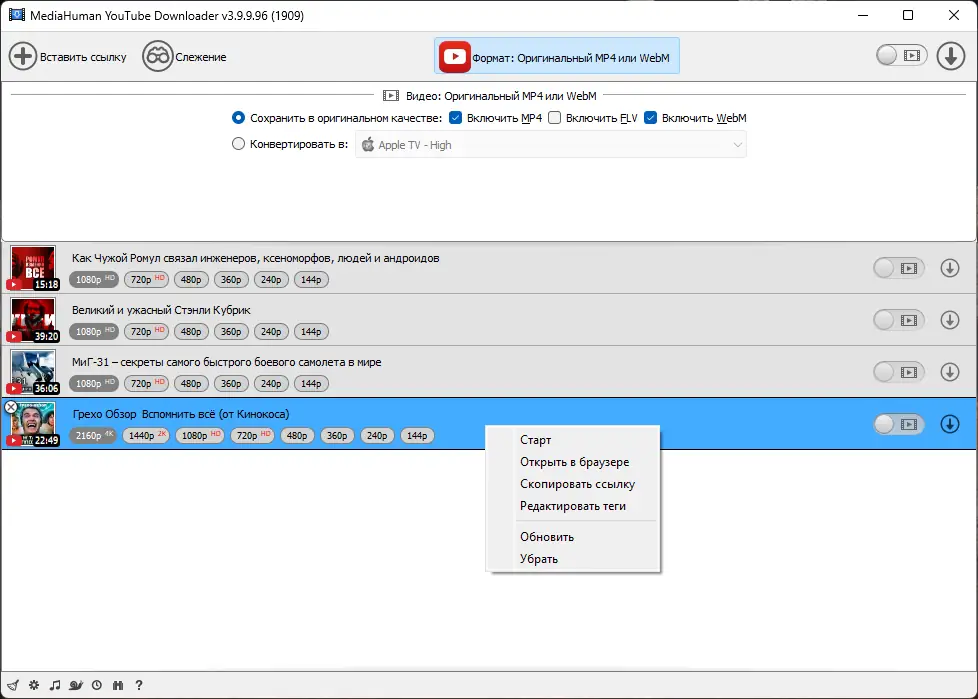 Программный интерфейс MediaHuman YouTube Downloader 3.9.9.96 (1909) RePack (& Portable) by elchupacabra [Multi Ru]