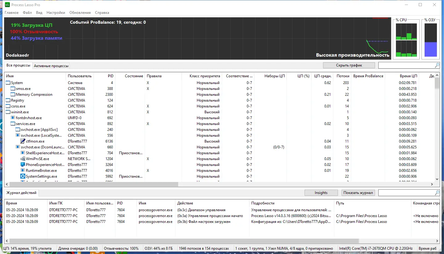 Программный интерфейс Process Lasso Pro 14.0.3.16 RePack (& Portable) by Dodakaedr [Ru En]