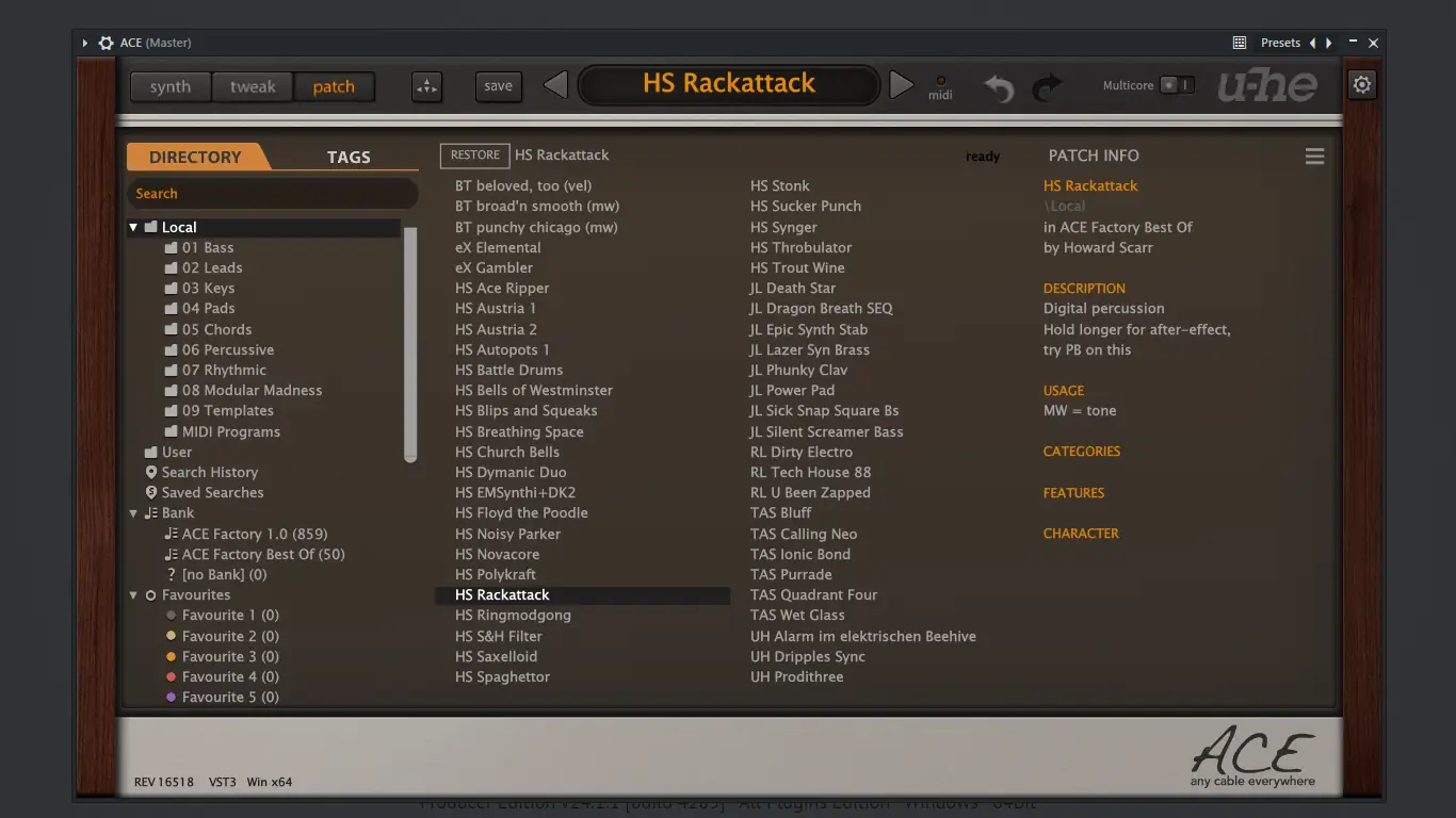 Установка u-he - ACE 1.4.3 VSTi, VSTi 3, AAX (x86 x64) [En]